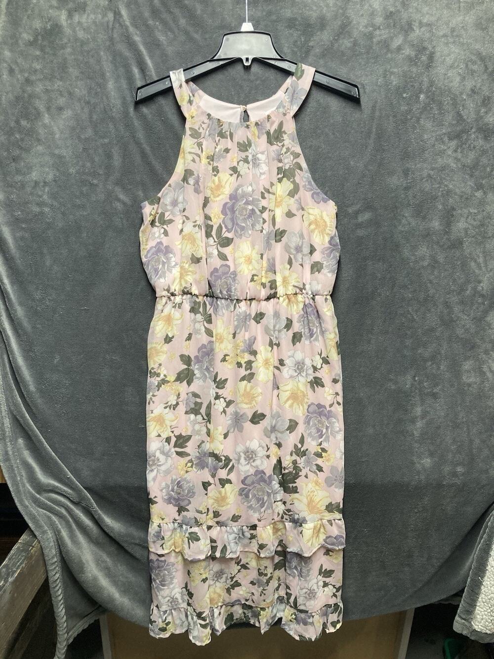 Fairycore Halter Neck Sleeveless Sheer Maxi Dress Pink Floral Ruffle Hem Jr M